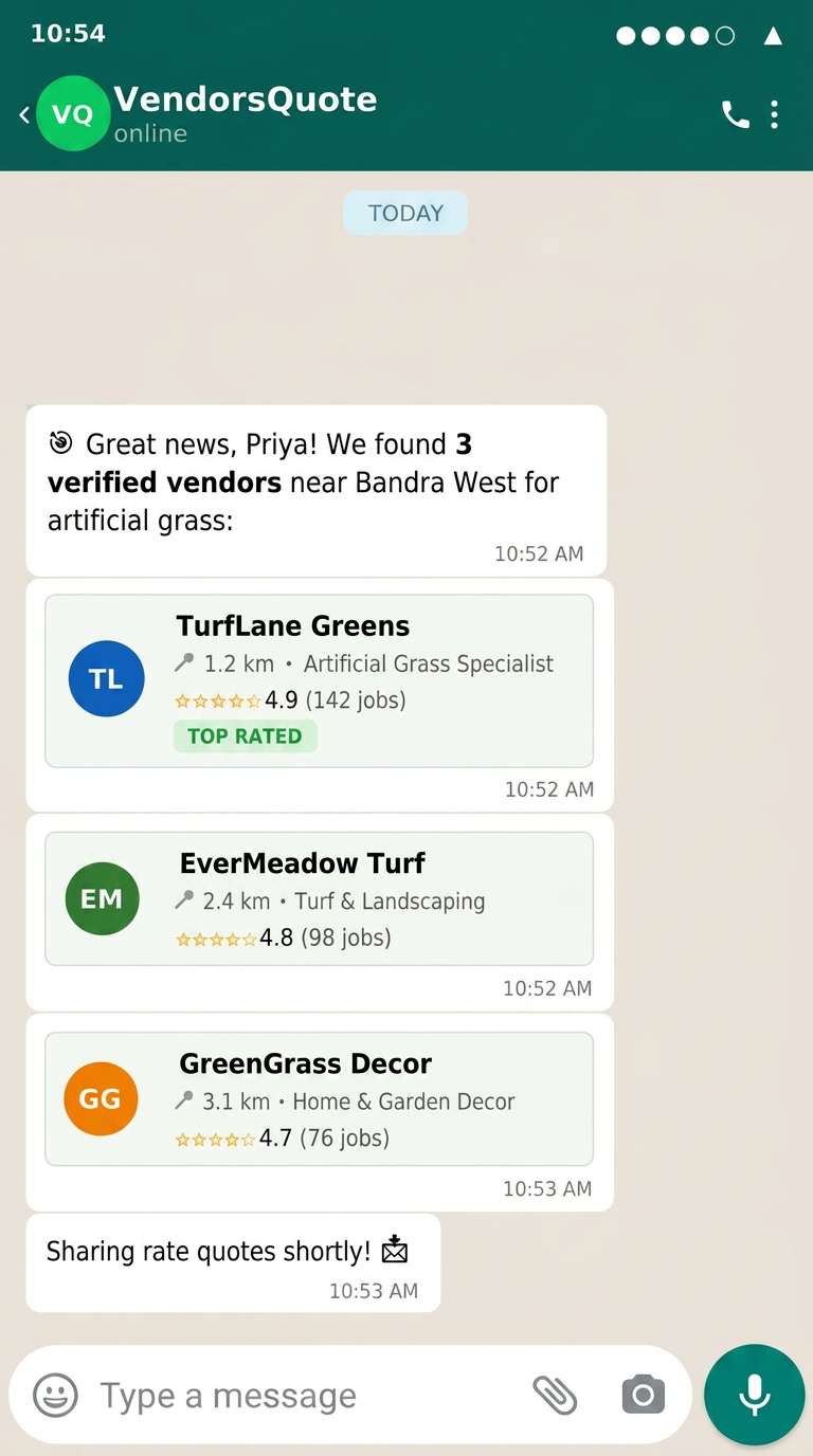 WhatsApp chat: matched with verified vendors